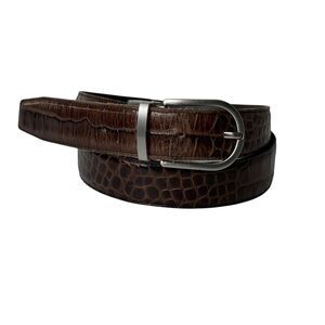 TUMI Men’s Brown Reversible Leather Belt Croc Embossed Silver Buckle 39” Luxury